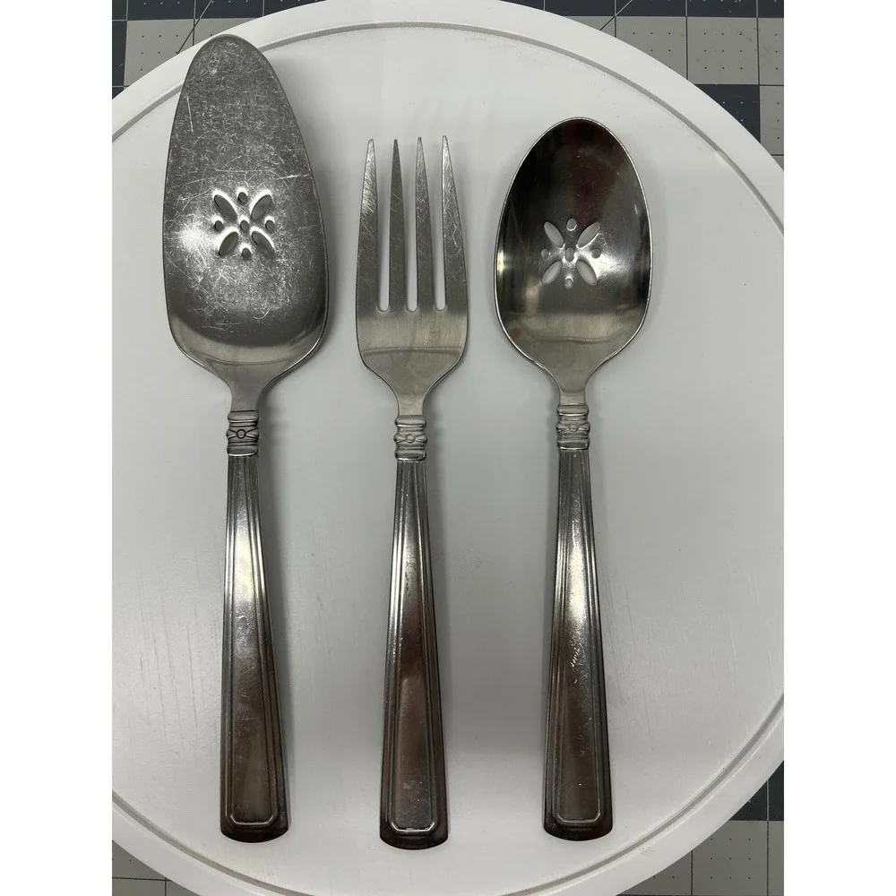 Longaberger Woven Traditions Serving Set 3pc Stainless Fork Slotted Spoon Pie